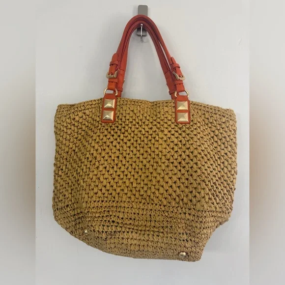 Michael Kors women’s tan straw beach shoulder tote bag with orange leather strap - Picture 3 of 13